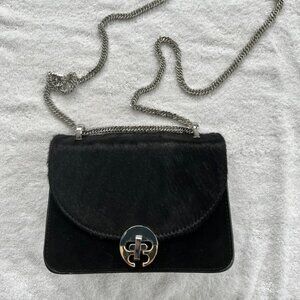 Black Cowhide & Suede Purse - Fancy - Silver Chain Shoulder Strap